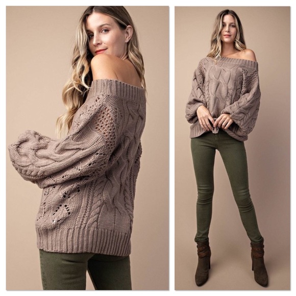Mocha Cable Knit Puff Sleeves Sweater - Picture 4 of 6